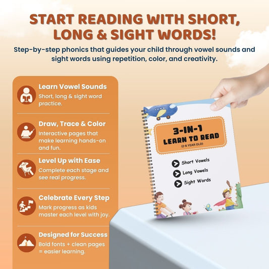 3-in-1 Learn to Read Workbook (Ages 2–6) – Short Vowels, Long Vowels & Sight Words