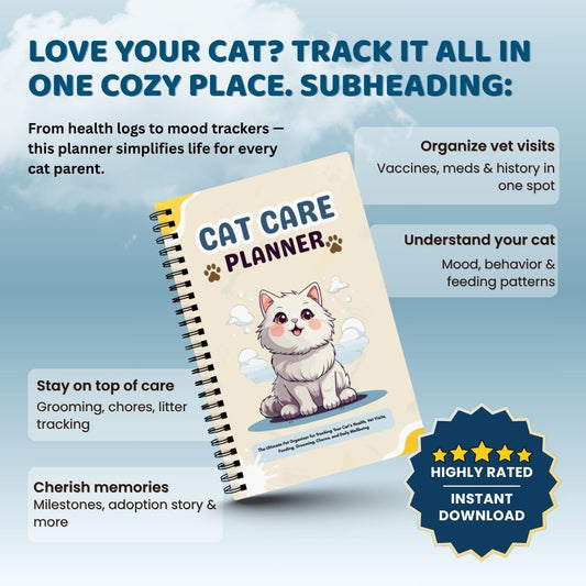 Cat Care Planner – Printable Pet Organizer for Vet Visits, Feeding, Grooming, & Daily Tracking (Digital PDF)