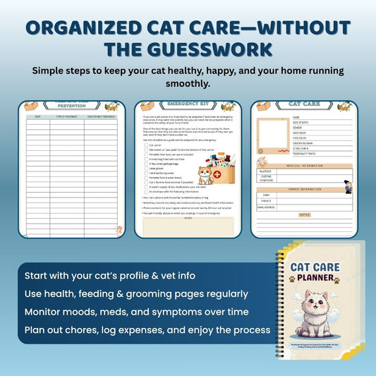 Cat Care Planner – Printable Pet Organizer for Vet Visits, Feeding, Grooming, & Daily Tracking (Digital PDF)