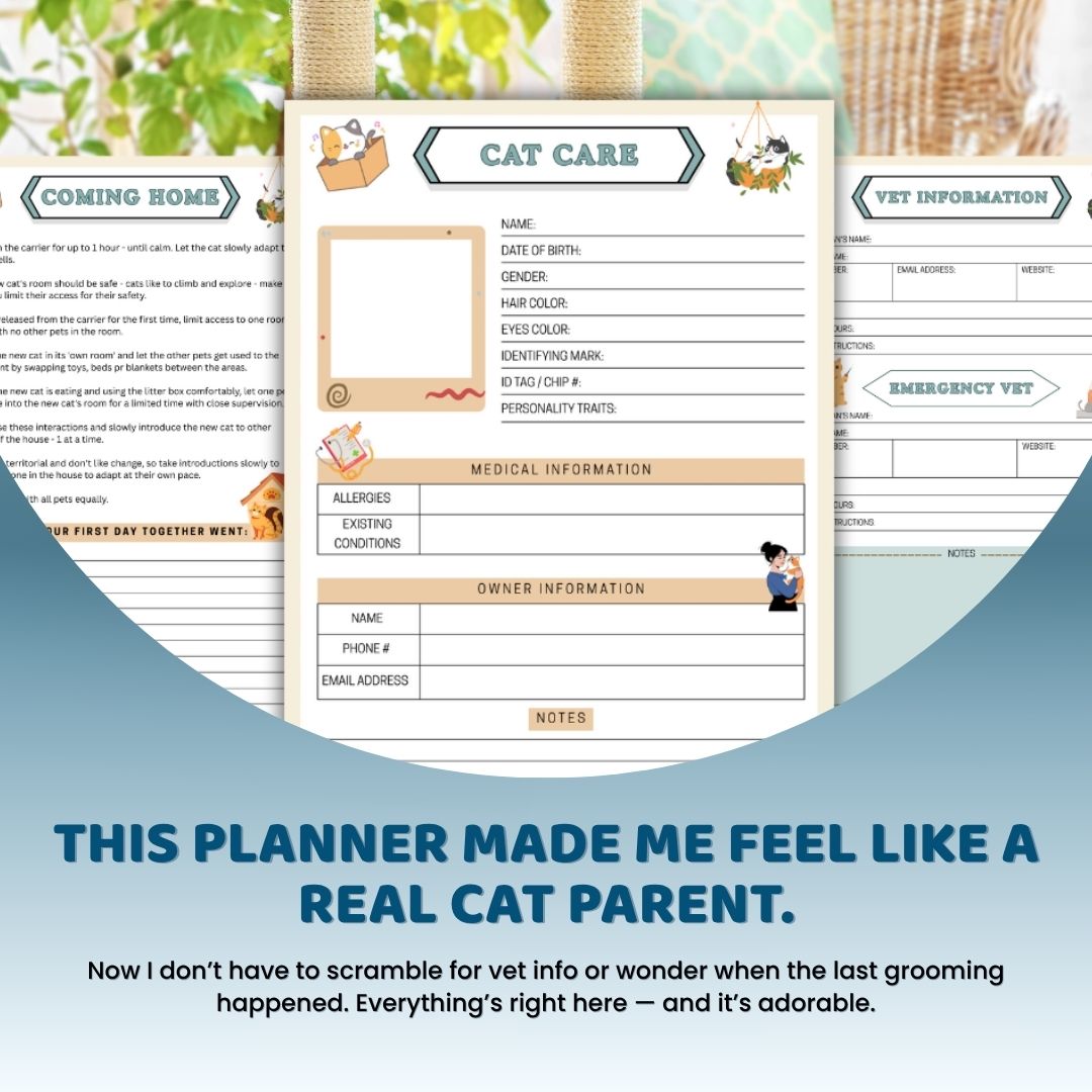 Cat Care Planner β Printable Pet Organizer for Vet Visits, Feeding, Grooming, & Daily Tracking (Digital PDF)