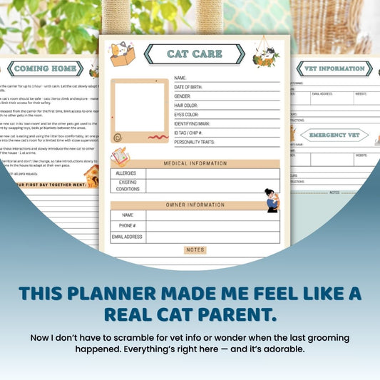 Cat Care Planner – Printable Pet Organizer for Vet Visits, Feeding, Grooming, & Daily Tracking (Digital PDF)