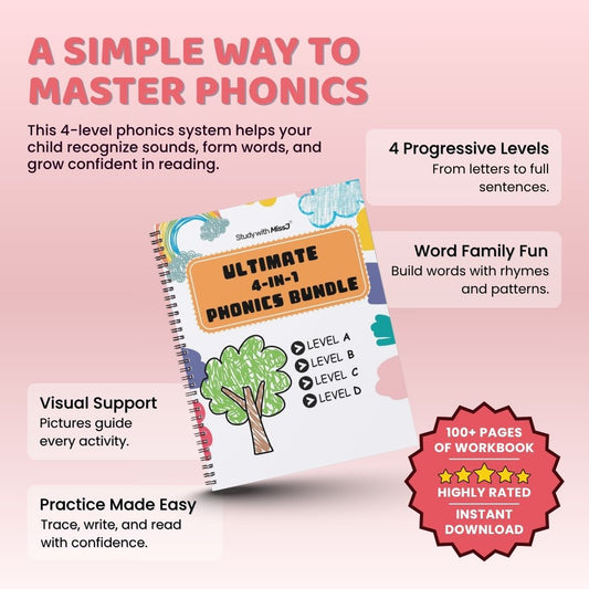 Ultimate 4-in-1 Phonics Bundle for Kids (Level A to D) – Master Vowels, Word Families & Early Sentences