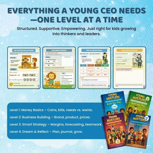 Young Hustlers: 4-Level Kids Business Bundle (Level 1–4) – Learn, Launch, Lead & Reflect