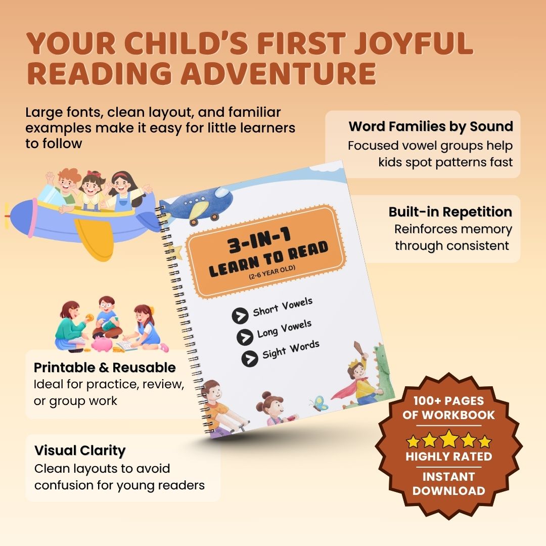 3-in-1 Learn to Read Workbook (Ages 2β6) β Short Vowels, Long Vowels & Sight Words
