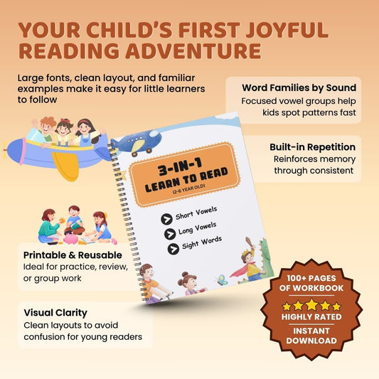 3-in-1 Learn to Read Workbook (Ages 2–6) – Short Vowels, Long Vowels & Sight Words