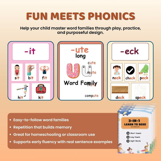 3-in-1 Learn to Read Workbook (Ages 2–6) – Short Vowels, Long Vowels & Sight Words